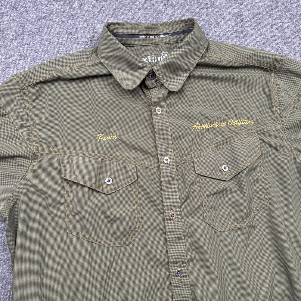 KUHL Eluxur Shirt Mens M Med Short Sleeve Button Up Outdoor Hiking Green "Kevin"